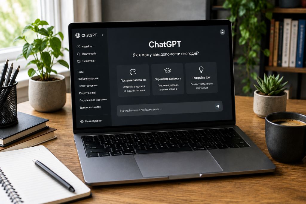 ChatGPT для початківців: перші кроки та приклади Інтерфейс ChatGPT на екрані ноутбука для спілкування зі штучним інтелектом і виконання різних завдань