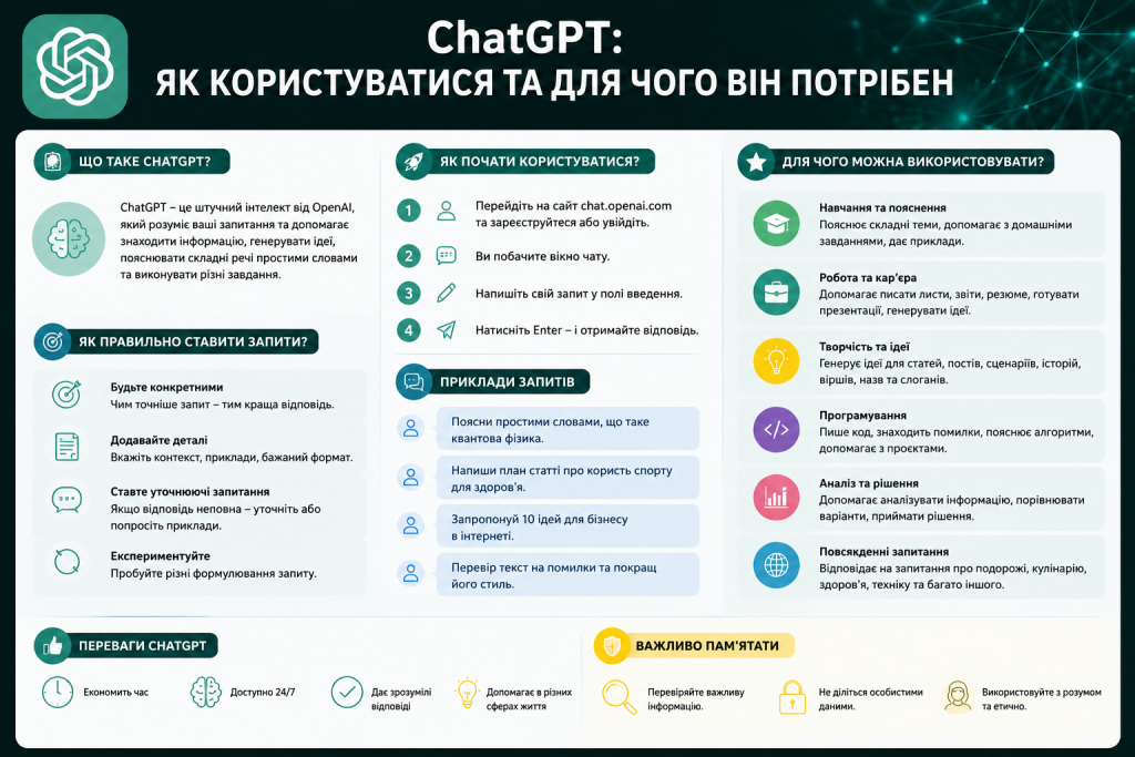 Інфографіка про ChatGPT, його можливості, способи використання та приклади запитів