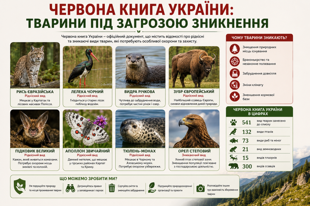 Інфографіка про рідкісних і зникаючих тварин Червоної книги України та причини скорочення їх чисельності