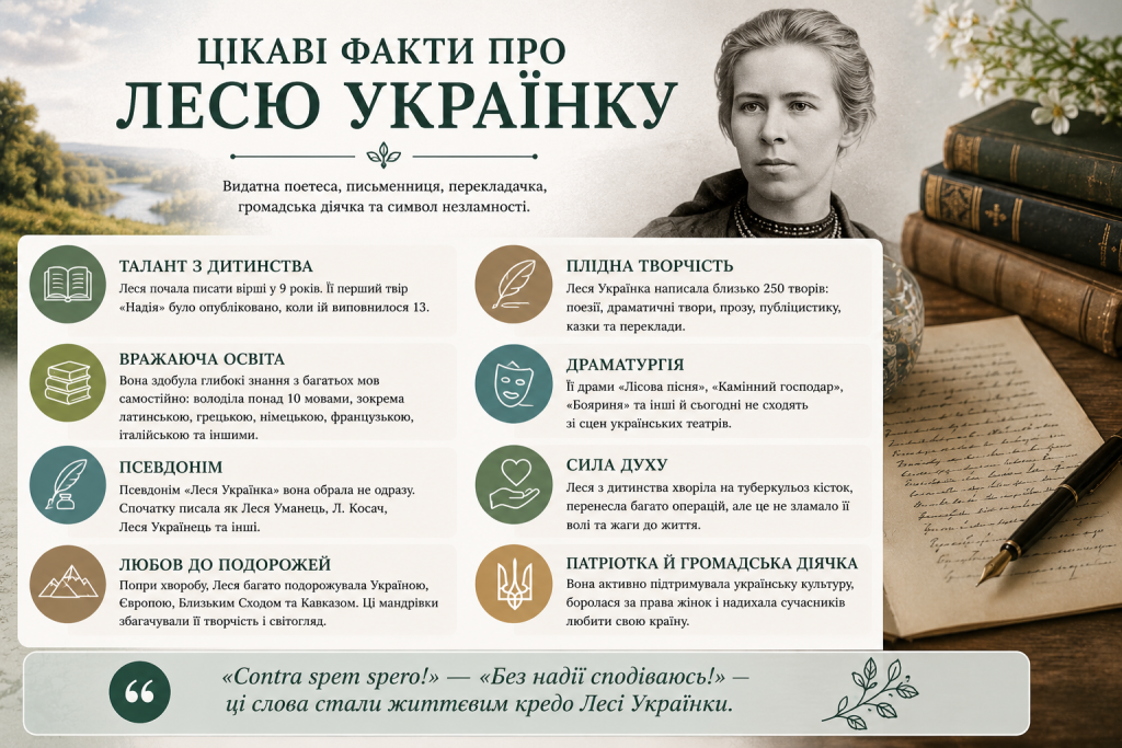 Інфографіка з написом «Цікаві факти про Лесю Українку» про її творчість, освіту, подорожі та громадську діяльність