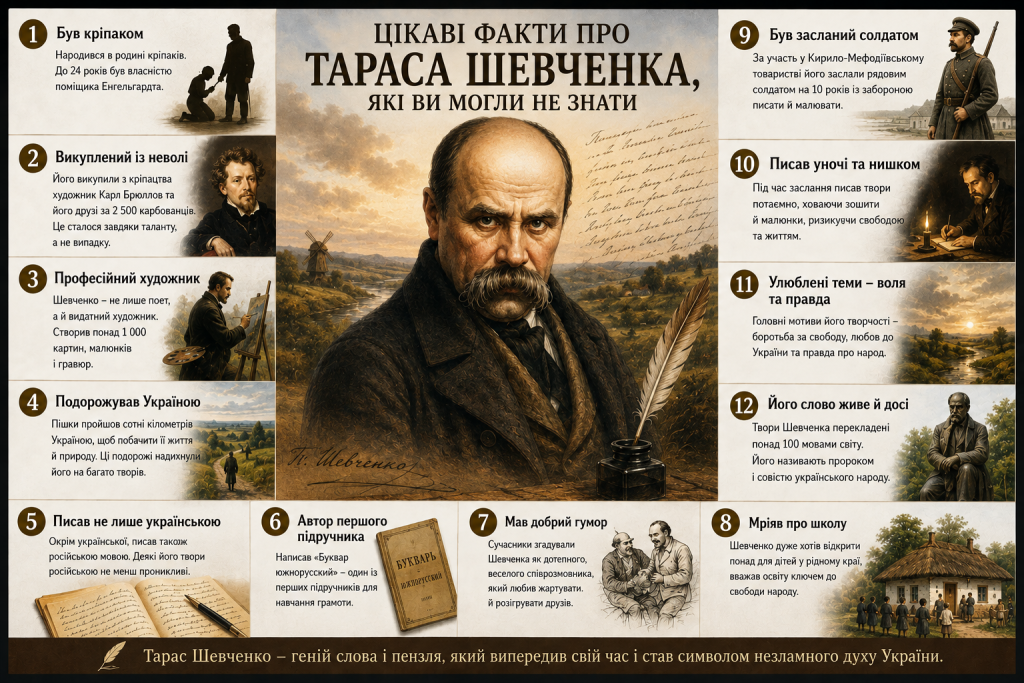Інфографіка з цікавими фактами про життя, творчість і біографію Тараса Шевченка