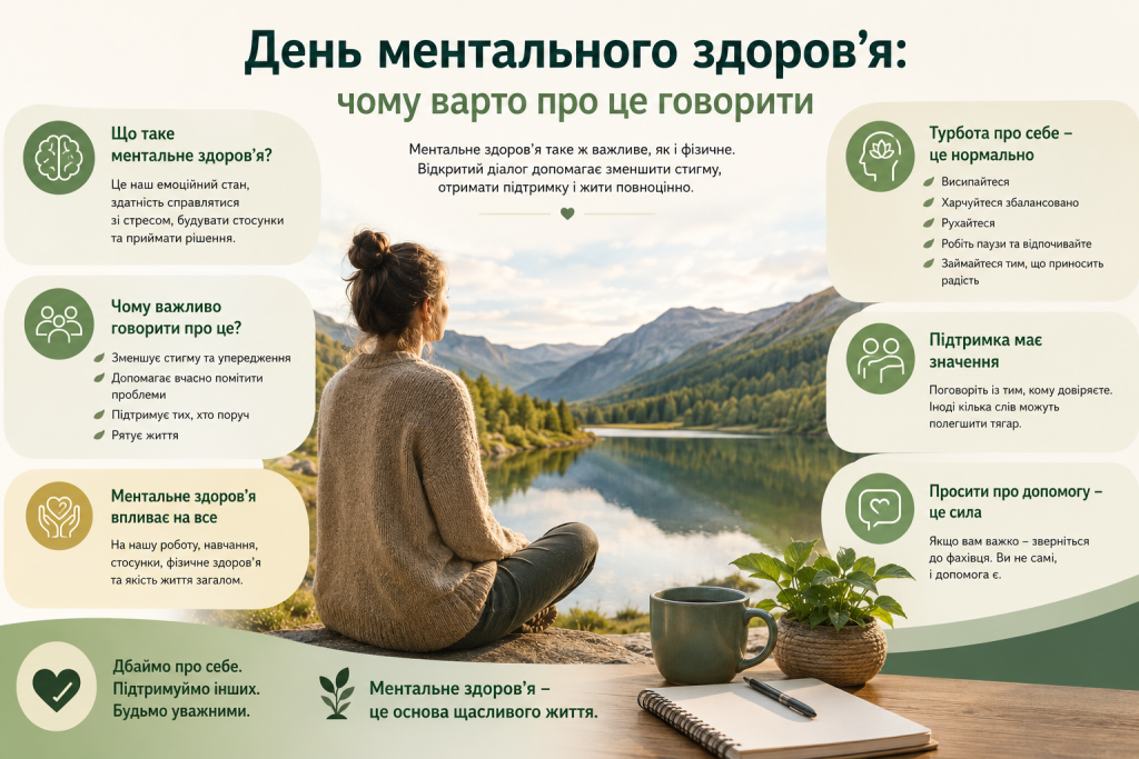 Інфографіка до Дня ментального здоров’я про турботу про себе, підтримку та важливість психологічного добробуту