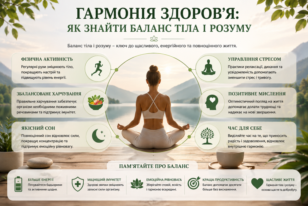 Інфографіка про баланс фізичної активності, харчування, сну, управління стресом і психологічного добробуту