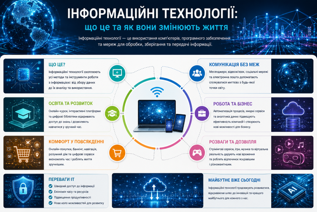 Інфографіка про інформаційні технології, їх використання в освіті, роботі, спілкуванні, бізнесі та повсякденному житті