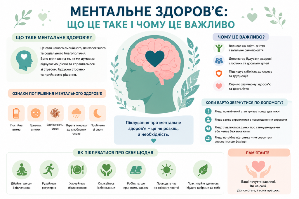 Інфографіка про ментальне здоров’я, його значення, ознаки погіршення та способи турботи про себе