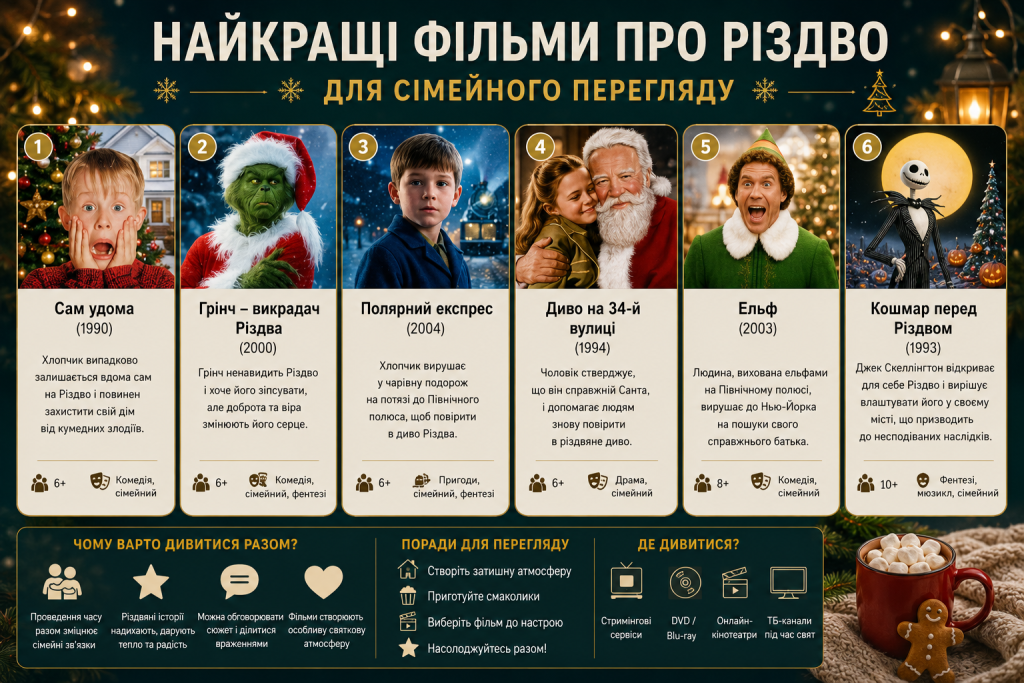 Інфографіка з добіркою найкращих різдвяних фільмів для перегляду всією родиною