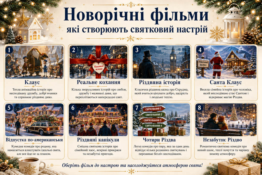 Інфографіка з добіркою новорічних і різдвяних фільмів для створення святкового настрою