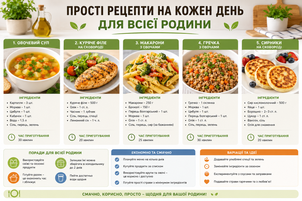 Інфографіка з простими рецептами сімейних страв на кожен день та переліком інгредієнтів