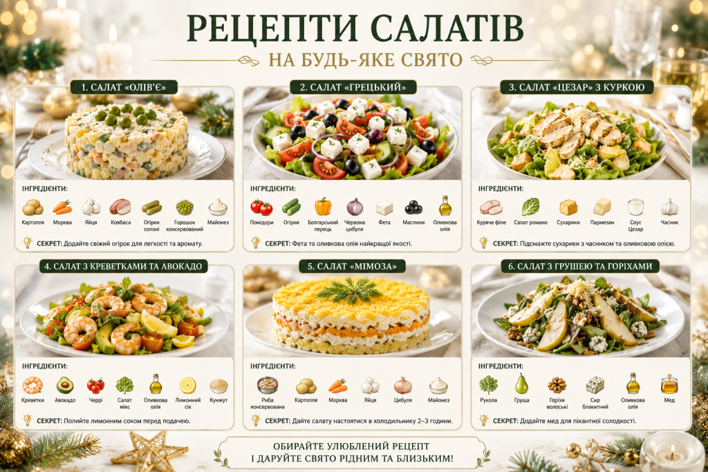 Інфографіка з рецептами святкових салатів, інгредієнтами та варіантами подачі до святкового столу