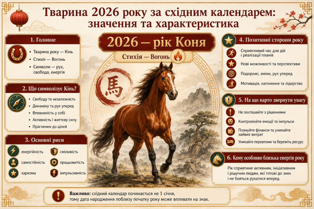 Інфографіка про 2026 рік Коня за східним календарем, його символіку, стихію та характеристику