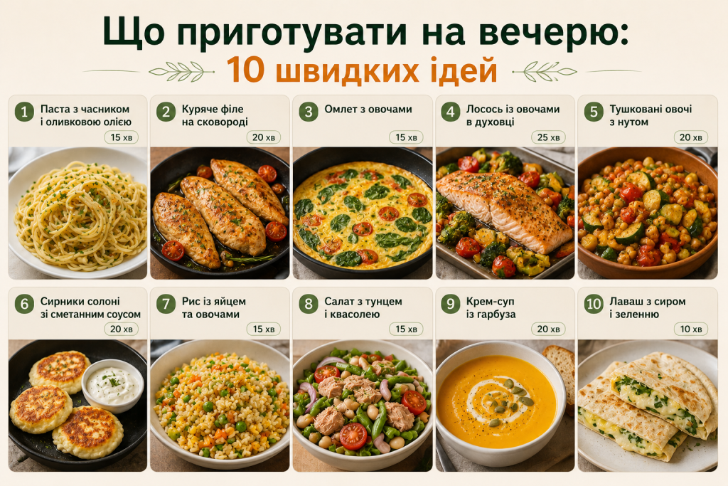 Інфографіка з 10 швидкими ідеями страв на вечерю з простих і доступних продуктів