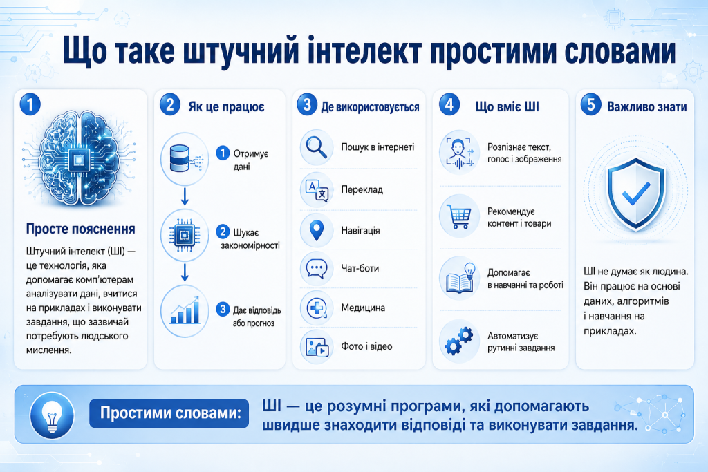 Інфографіка про штучний інтелект, принцип його роботи, можливості та сфери застосування