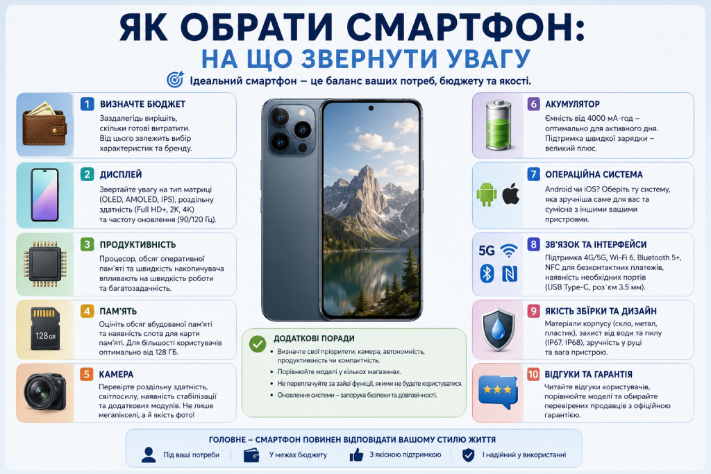 Інфографіка про вибір смартфона за дисплеєм, продуктивністю, пам’яттю, камерою, акумулятором і операційною системою
