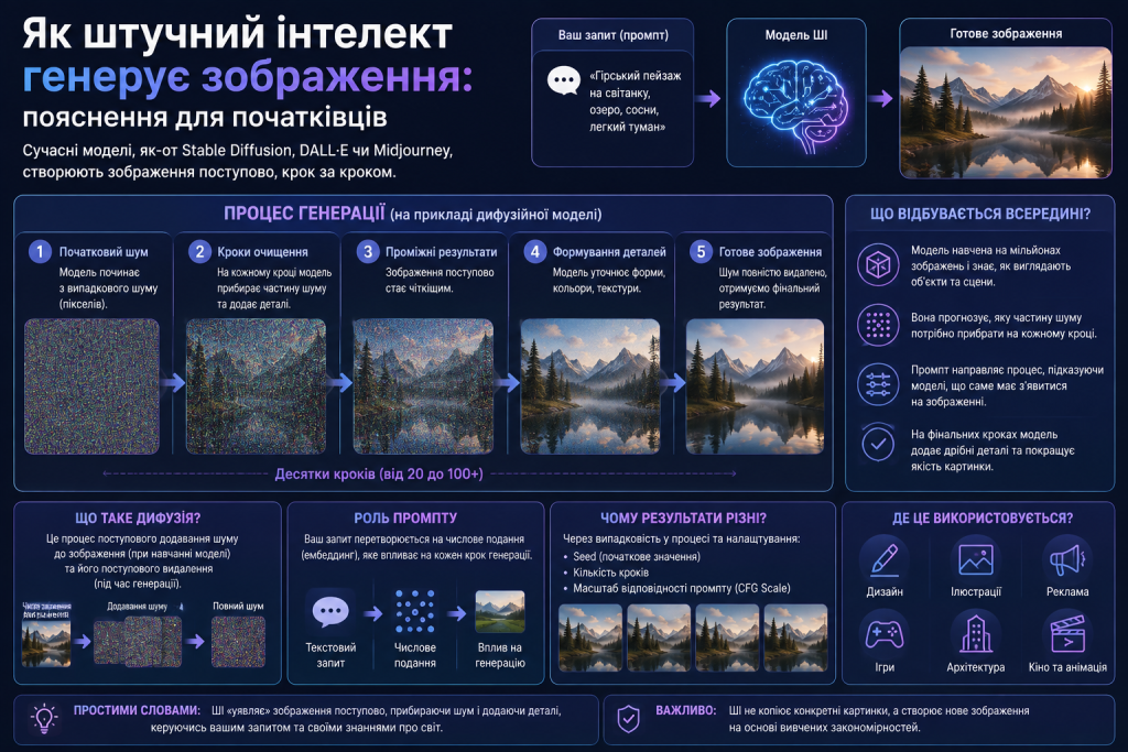 Інфографіка про те, як штучний інтелект генерує зображення з текстового запиту за допомогою дифузійної моделі