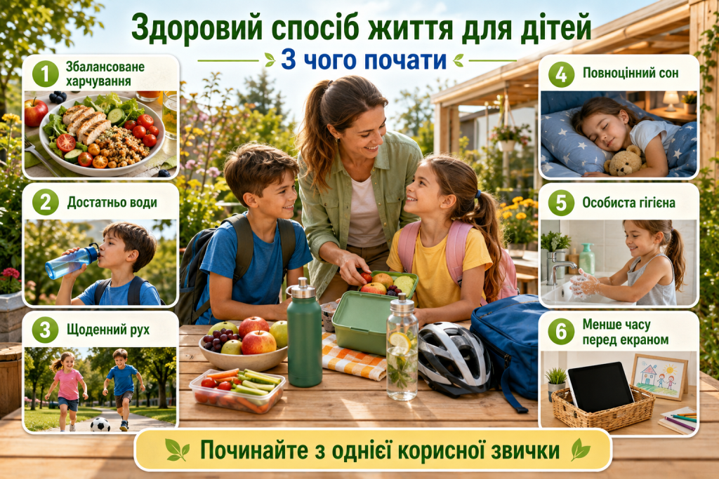 Інфографіка про здоровий спосіб життя дітей із порадами щодо харчування, води, руху, сну та особистої гігієни