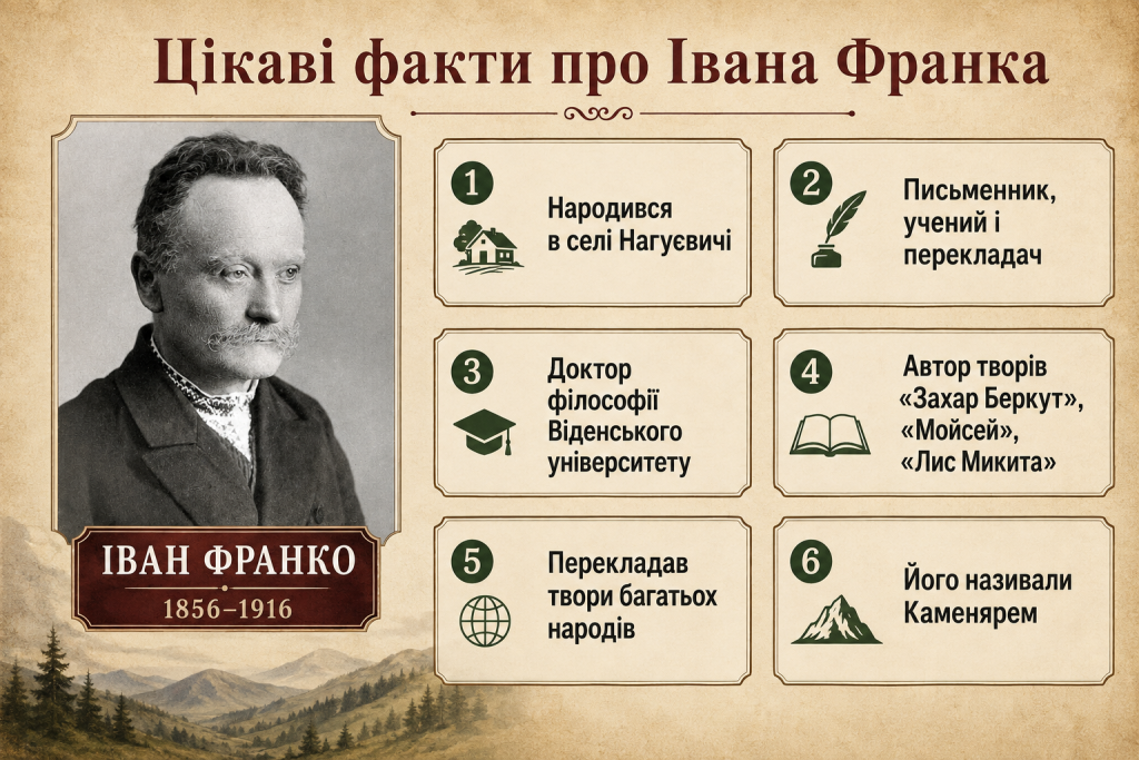Інфографіка з цікавими фактами про Івана Франка, його освіту, творчість, перекладацьку діяльність і відомі твори