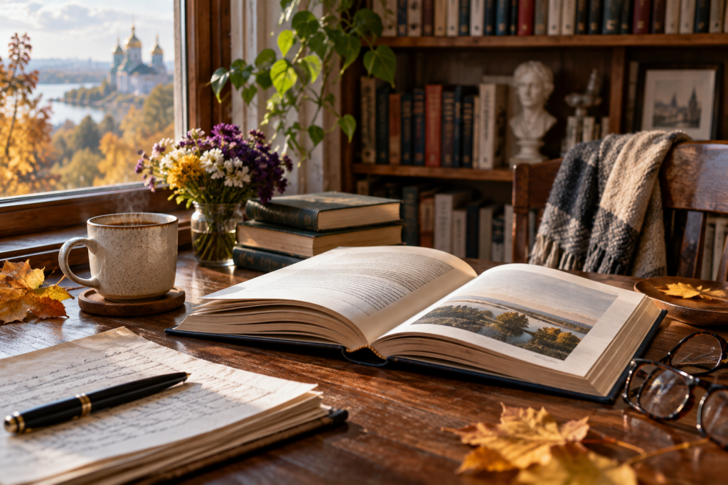 Відкрита книга на письмовому столі серед книжок і рукописів у затишній літературній атмосфері