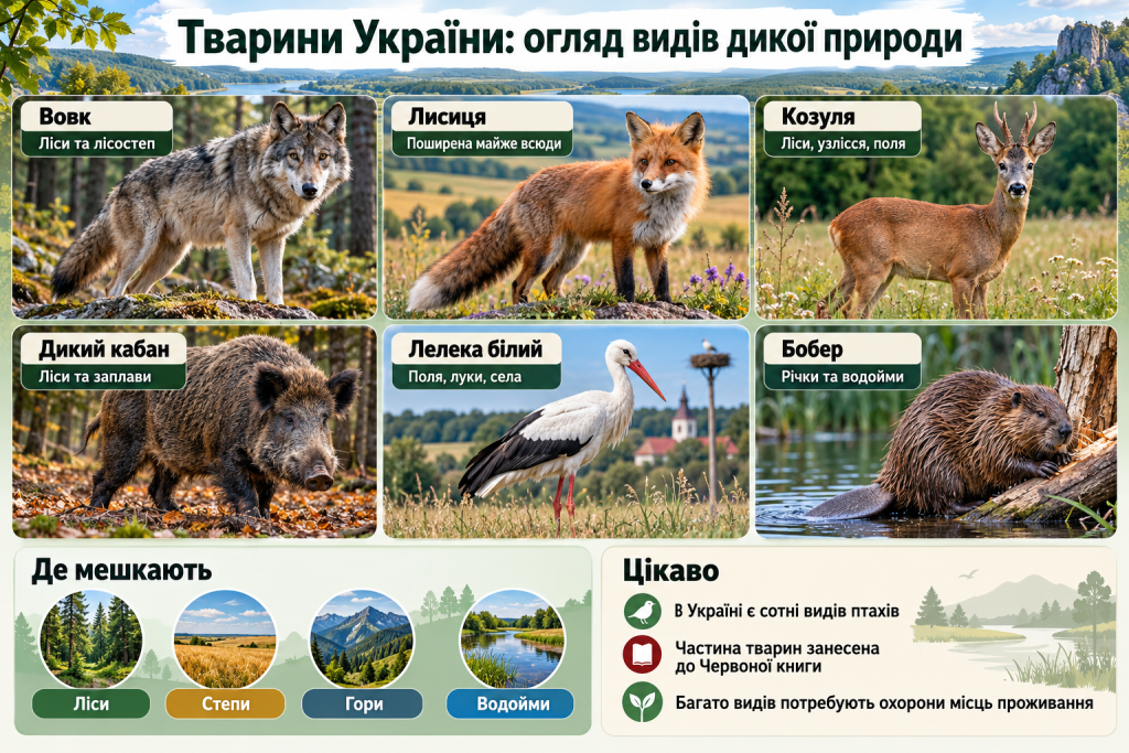 Інфографіка про диких тварин України із зображеннями вовка, лисиці, козулі, дикого кабана, білого лелеки та бобра, а також основних природних середовищ їхнього проживання.