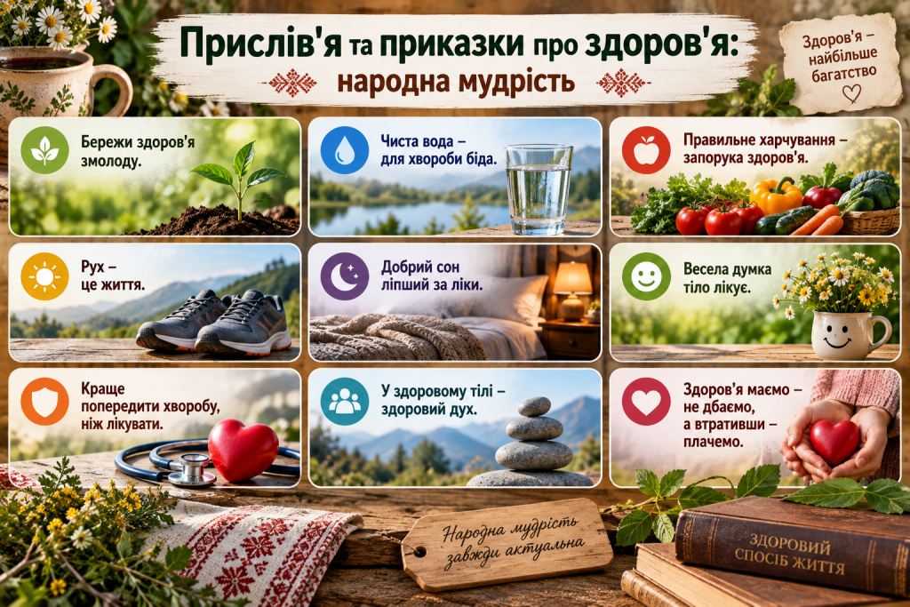 Інфографіка з українськими прислів’ями та приказками про здоров’я, правильне харчування, сон, рух і профілактику хвороб