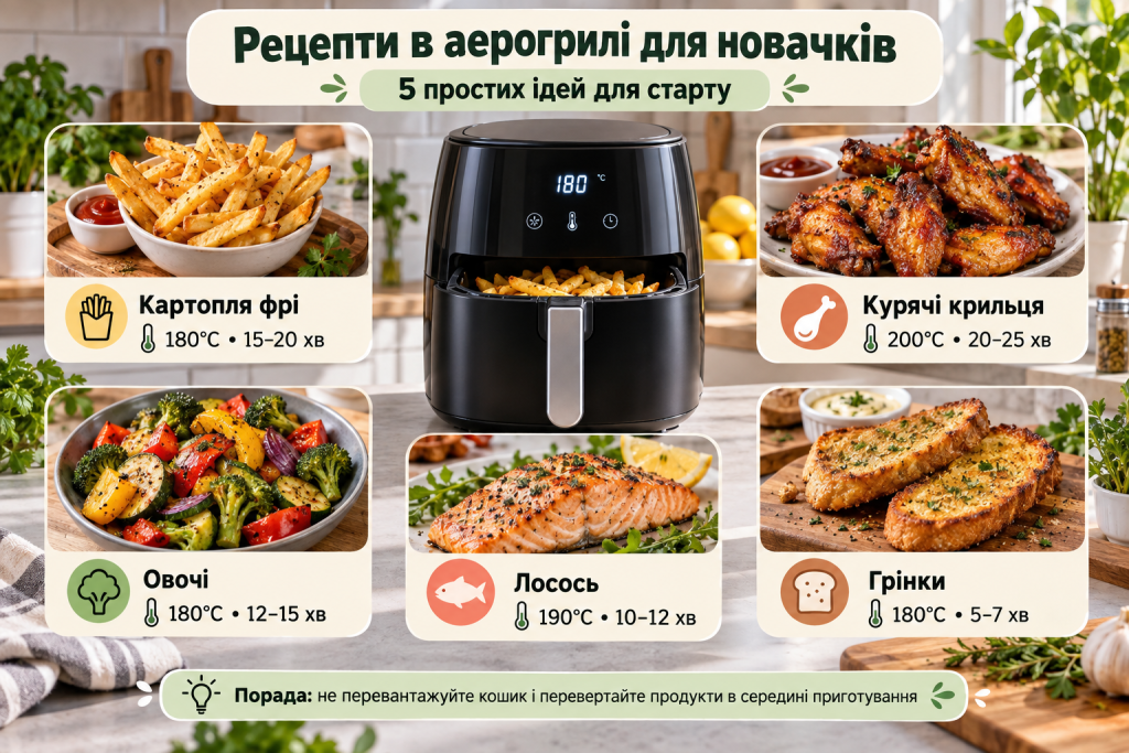 Інфографіка з простими рецептами для аерогриля: картопля фрі, овочі, лосось, курячі крильця та грінки з температурою приготування.