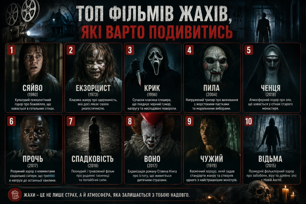 Темна тематична інфографіка з добіркою популярних фільмів жахів різних років і короткими описами