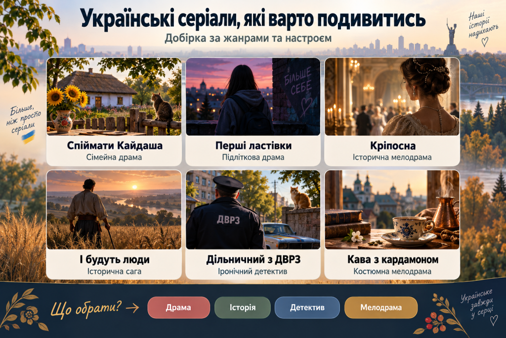 Інфографіка з добіркою українських серіалів різних жанрів: драма, історія, детектив і мелодрама.