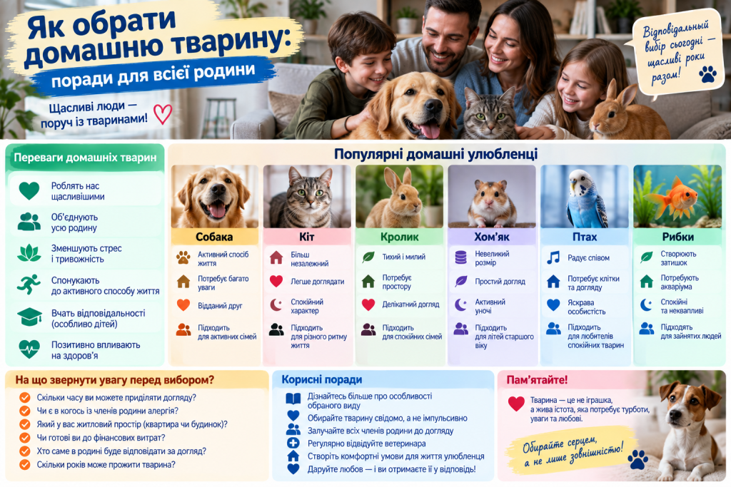 Інфографіка про вибір домашньої тварини для сім’ї з порівнянням собак, котів, кроликів, хом’яків, птахів і рибок.