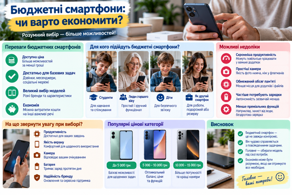Інфографіка про бюджетні смартфони, їхні переваги, недоліки, цінові категорії та основні характеристики, на які варто звернути увагу перед покупкою.